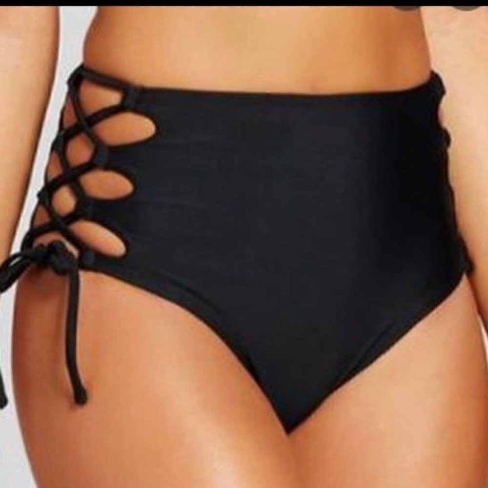 Xhilaration High Waist Adjustable Side Tie Black Swim Bottoms Womens Size 16/18